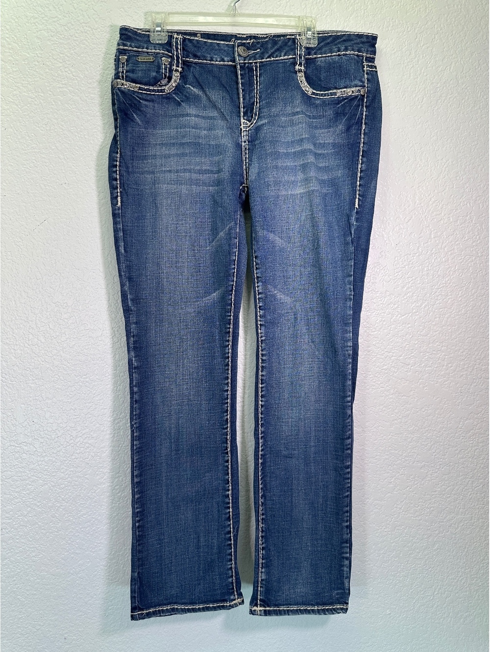 Women’s LA Idol USA Sz 15 Jeans 36 X 32 Cowgirl Straight Distressed Rhinestones